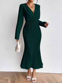Chiquease 交疊領百褶下擺洋裝 - 墨綠色 - 查看 1