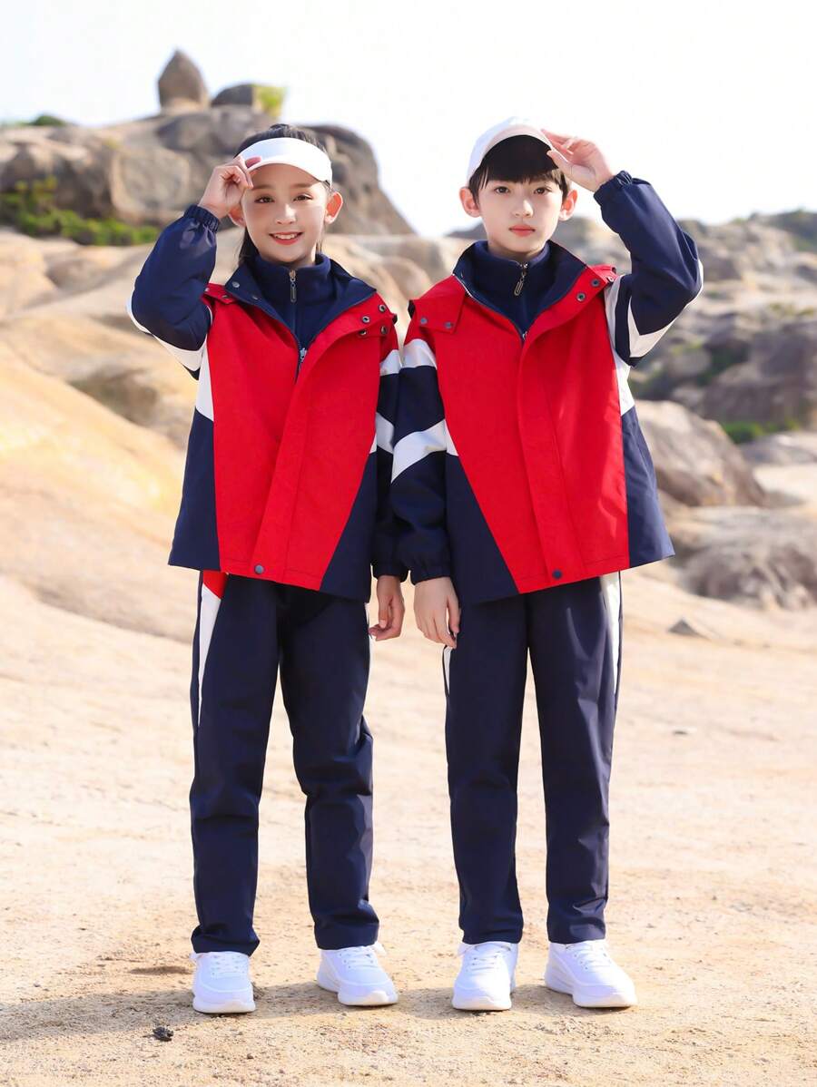 SHEIN 年轻女孩单件拉链拼色连帽棉服外套 - 彩色 - 查看 1