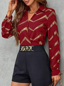 SHEIN LUNE Chevron Print Lantern Sleeve Blouse - Burgundy - View 6