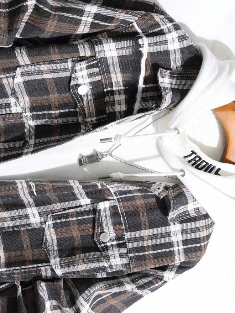 Men Plaid Print Flap Pocket Denim Jacket Without Hoodie