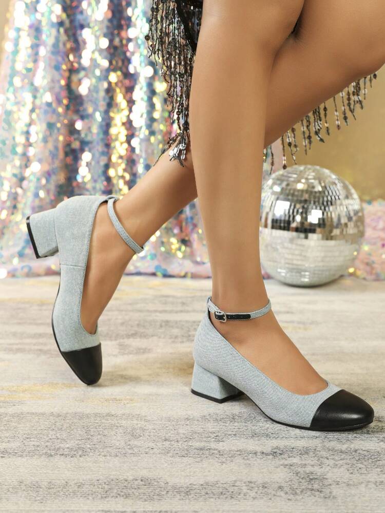 Jeans Fabric Colorblock Tie-Up Round Toe Chunky Heel Shoes, Fashionable New