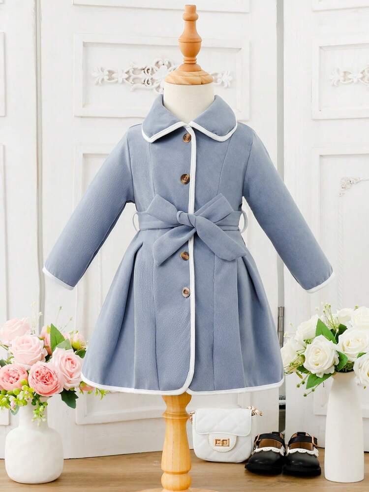 Baby Girl Contrast Binding Fold Pleated Belted Coat