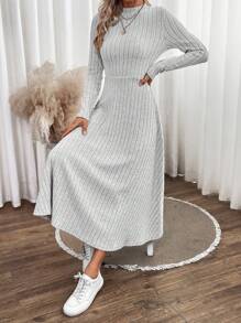 SHEIN LUNE Solid Mock Neck Ribbed Knit A-line Dress - Grey - View 6