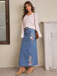 SHEIN LUNE Thêu hoa Tách rời Váy Denim - Màu xanh lam - Xem 5