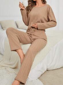 Drop Shoulder Tee & Pants Lounge Set - Camel - View 1