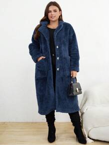 SHEIN LUNE 大碼雙口袋落肩袖法蘭絨外套 - 藏蓝色 - 查看 5