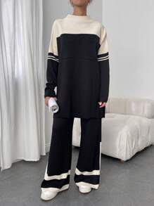 EURMUSE Two Tone Drop Shoulder Sweater & Knit Pants - Black and White - View 3