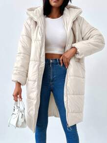 EURMUSE Women'S Hooded Mid-Length Padded Jacket - Beige - View 1