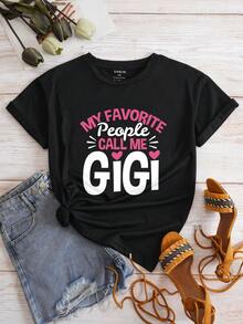 SHEIN EZwear Plus Size Slogan Printed T-shirt - Black - View 5