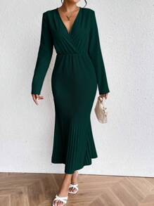 Chiquease 交疊領百褶下擺洋裝 - 墨綠色 - 查看 4