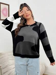 SHEIN EZwear 大尺碼女士拼色拉杆袖拉鍊套頭毛衣 - 彩色 - 查看 2