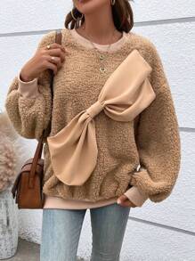 Chiquease Áo nỉ kiểu Teddy tay rớt vai với nơ lớn phía trước, kiểu áo nỉ chui đầu mùa thu. - Màu Khaki - Xem 1