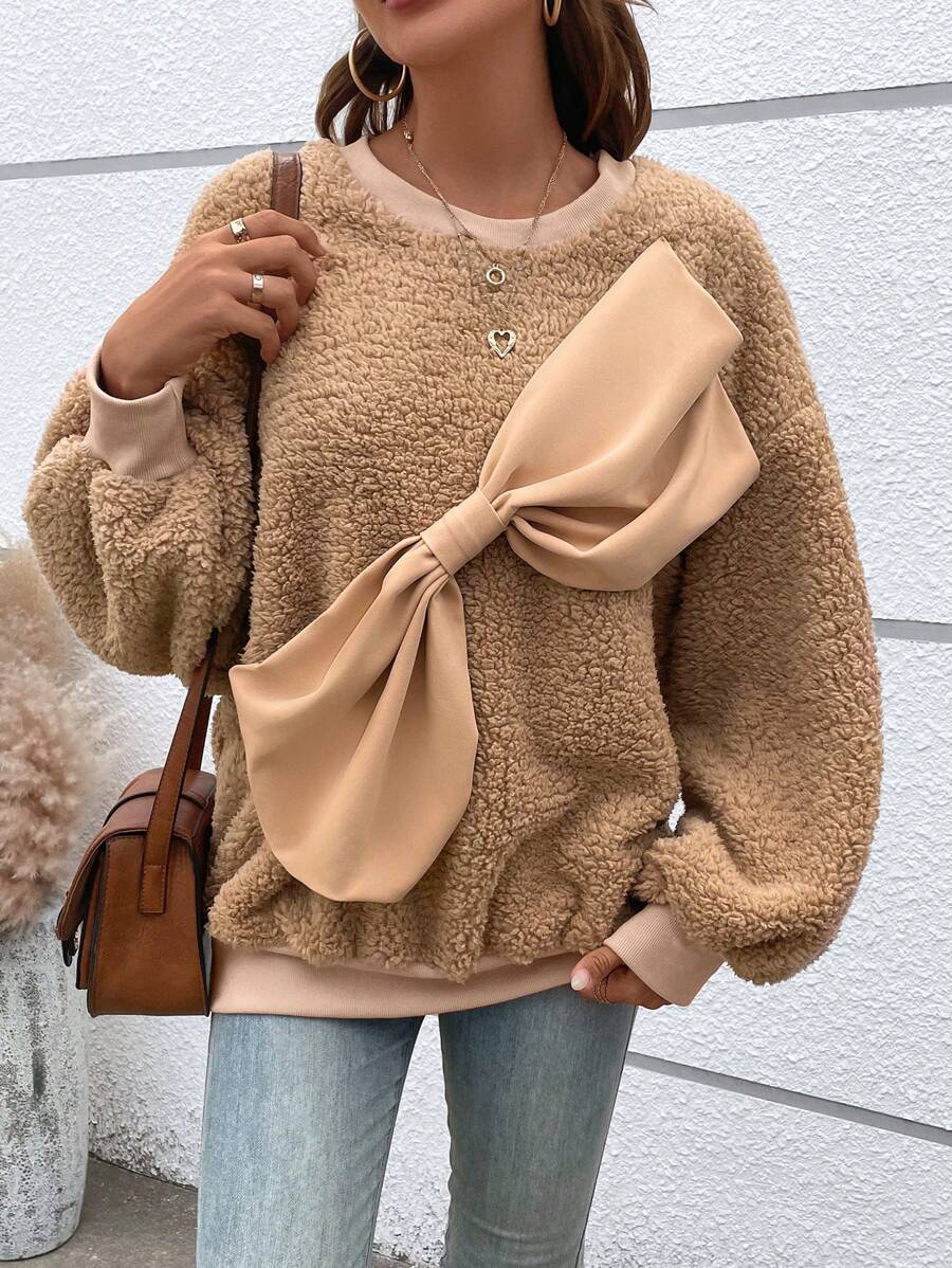 Chiquease Áo nỉ kiểu Teddy tay rớt vai với nơ lớn phía trước, kiểu áo nỉ chui đầu mùa thu. - Màu Khaki - Xem 1