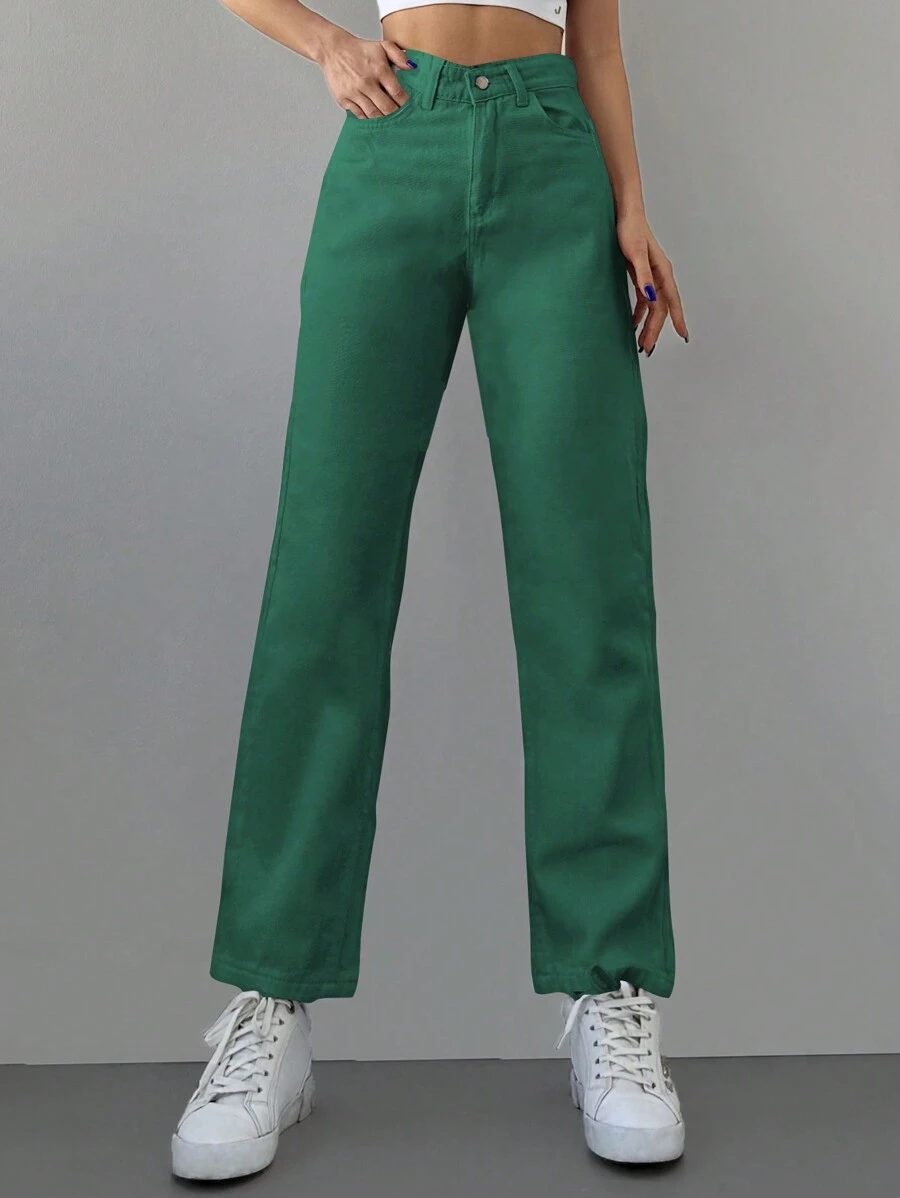 Cottnline Zipper Fly Cropped Jeans - Green - View 1