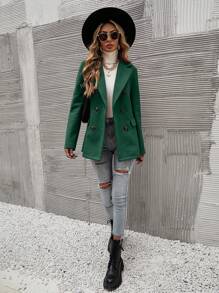 SHEIN Clasi 素色雙排釦西裝領西裝外套 - 綠色 - 查看 5