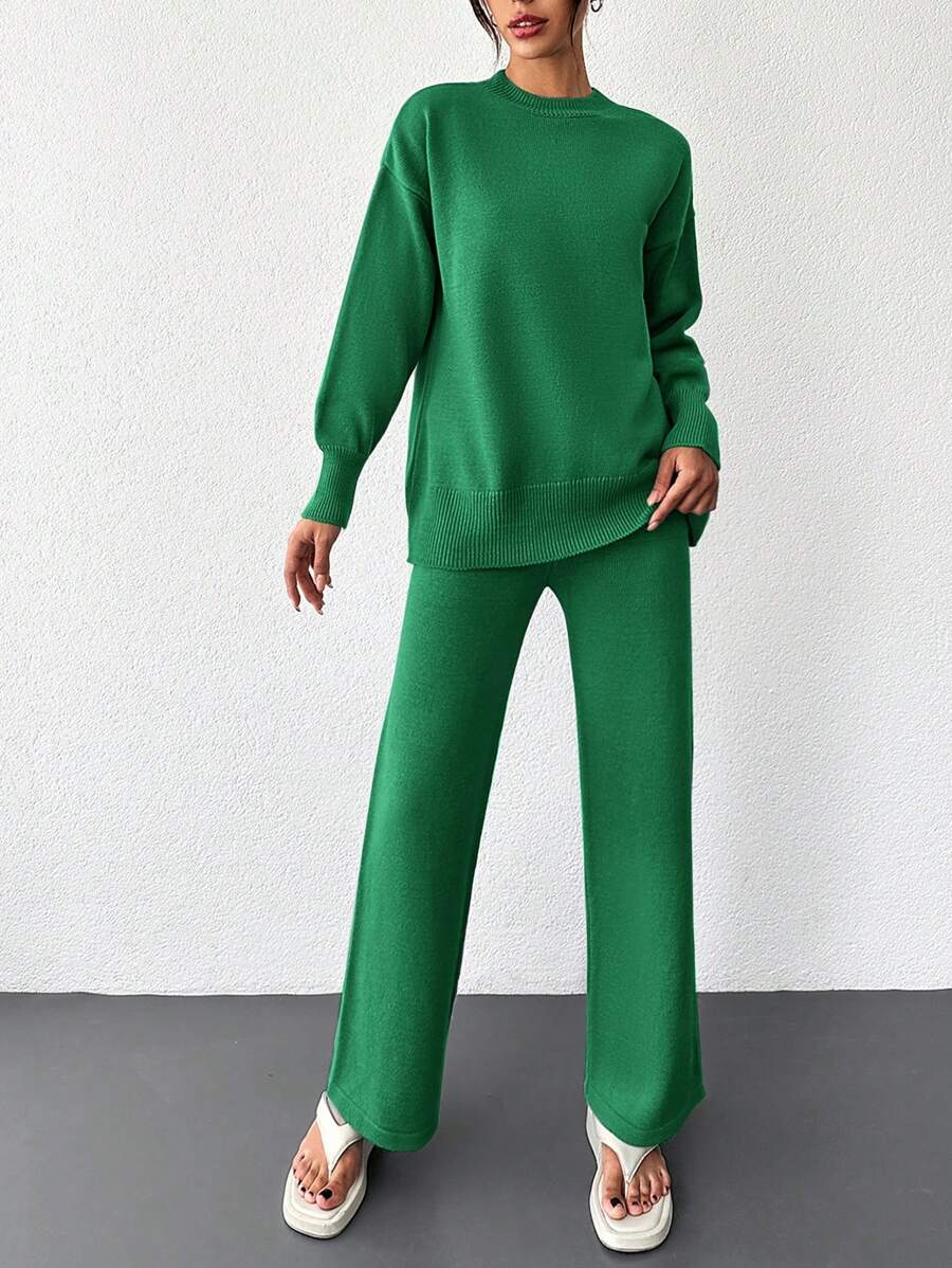 SHEIN Cottnline Ladies' Solid Colored Round Neck Drop Shoulder Sweater & Pants Two-Piece Set - Green - View 1