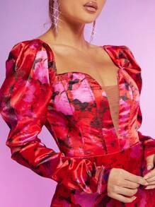 Hauture Vestido Bodycon De Manga Inflada Com Estampa Floral - Multicolorido - Ver 3