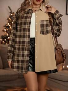 SHEIN LUNE Plus Contrast Plaid Print Pocket Patched Drop Shoulder Shirt - Khaki - View 4