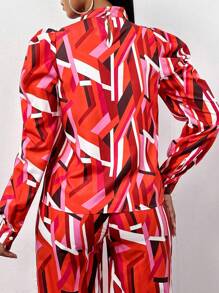 VaVaBold Geo Print Mock Neck Puff Sleeve Blouse