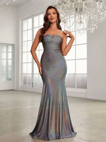 SHEIN Belle Vestito Formale Serale Da Donna Con Coda A Sirena In Tessuto Laser - Argento - Visualizzare 3