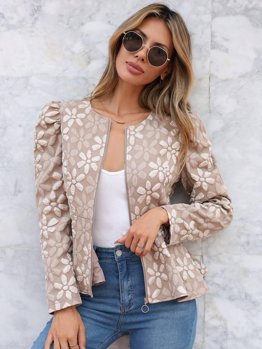 SHEIN Clasi 花卉圖案提花泡泡袖拉鏈開襟荷葉邊下擺夾克 - 杏色 - 查看 1