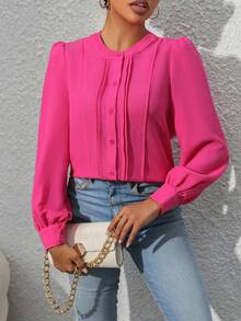 Solid Button Front Puff Sleeve Shirt - Hot Pink - View 4