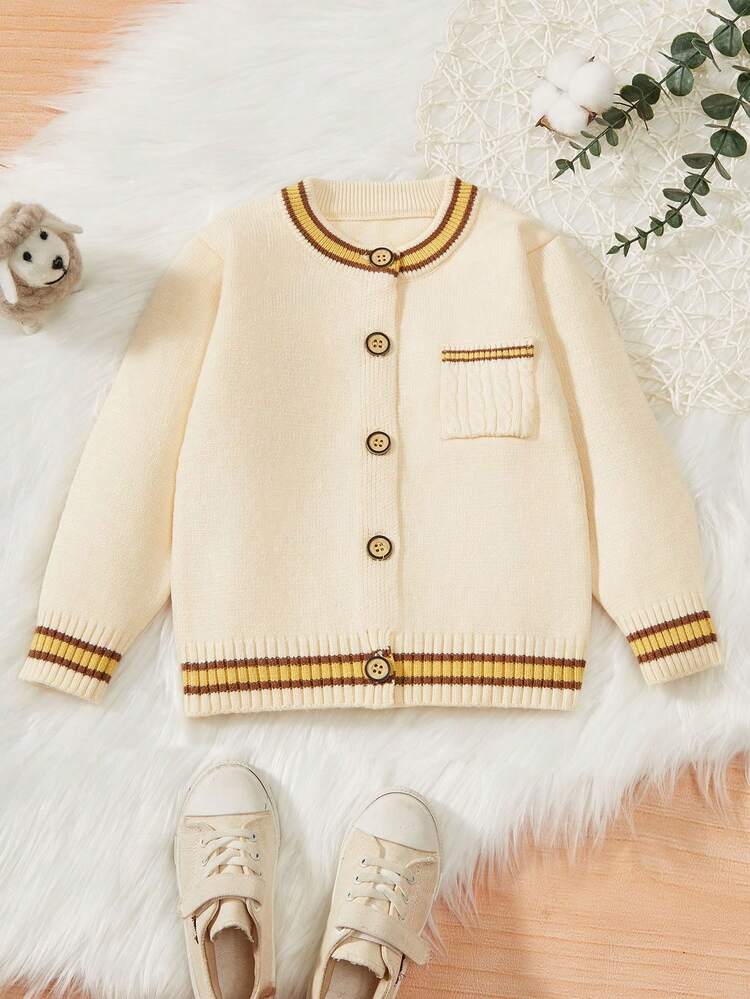 Baby Boy Striped Trim Pocket Patched Cardigan