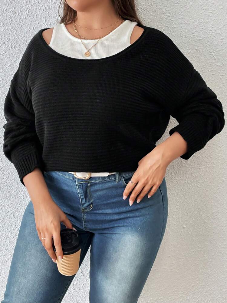 Plus Two Tone Drop Shoulder 2 In 1 Sweater
