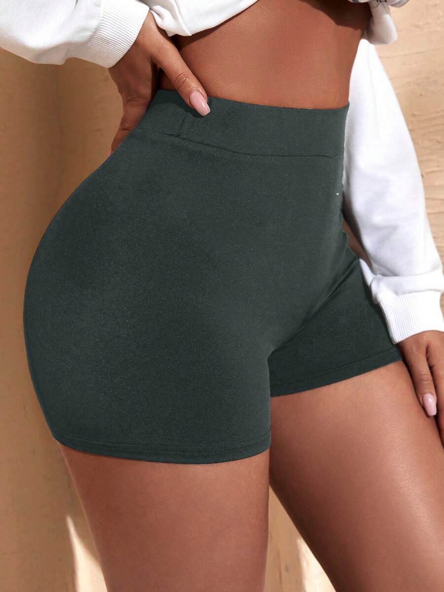 Chất rắn Eo cao Quần short đi xe - Màu xanh lá cây đậm - Xem 1