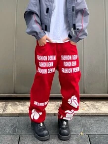 Manfinity EMRG Men Slogan Graphic Straight Leg Jeans - Red - View 5