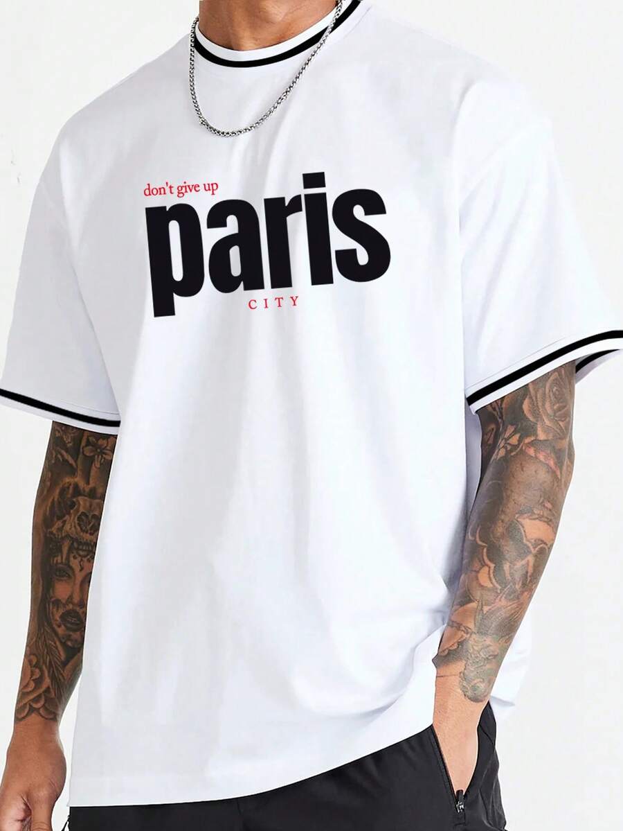 Manfinity EZcore Men Plus Slogan Graphic Contrast Trim Tee - White - View 1