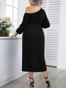 SHEIN Clasi Plus Asymmetrical Neck Lantern Sleeve Draped Side Wrap Hem Dress - Black - View 2