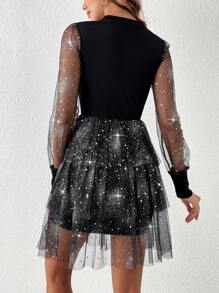 SHEIN Clasi Contrast Mesh Lantern Sleeve Dress Fall Cloth For Women - Black - View 2