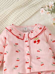 SHEIN 女嬰櫻桃圖案荷葉邊睡衣套裝 - 粉色 - 查看 4