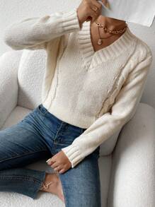 SHEIN Essnce Solid Cable Knit V Neck Sweater - Beige - View 1