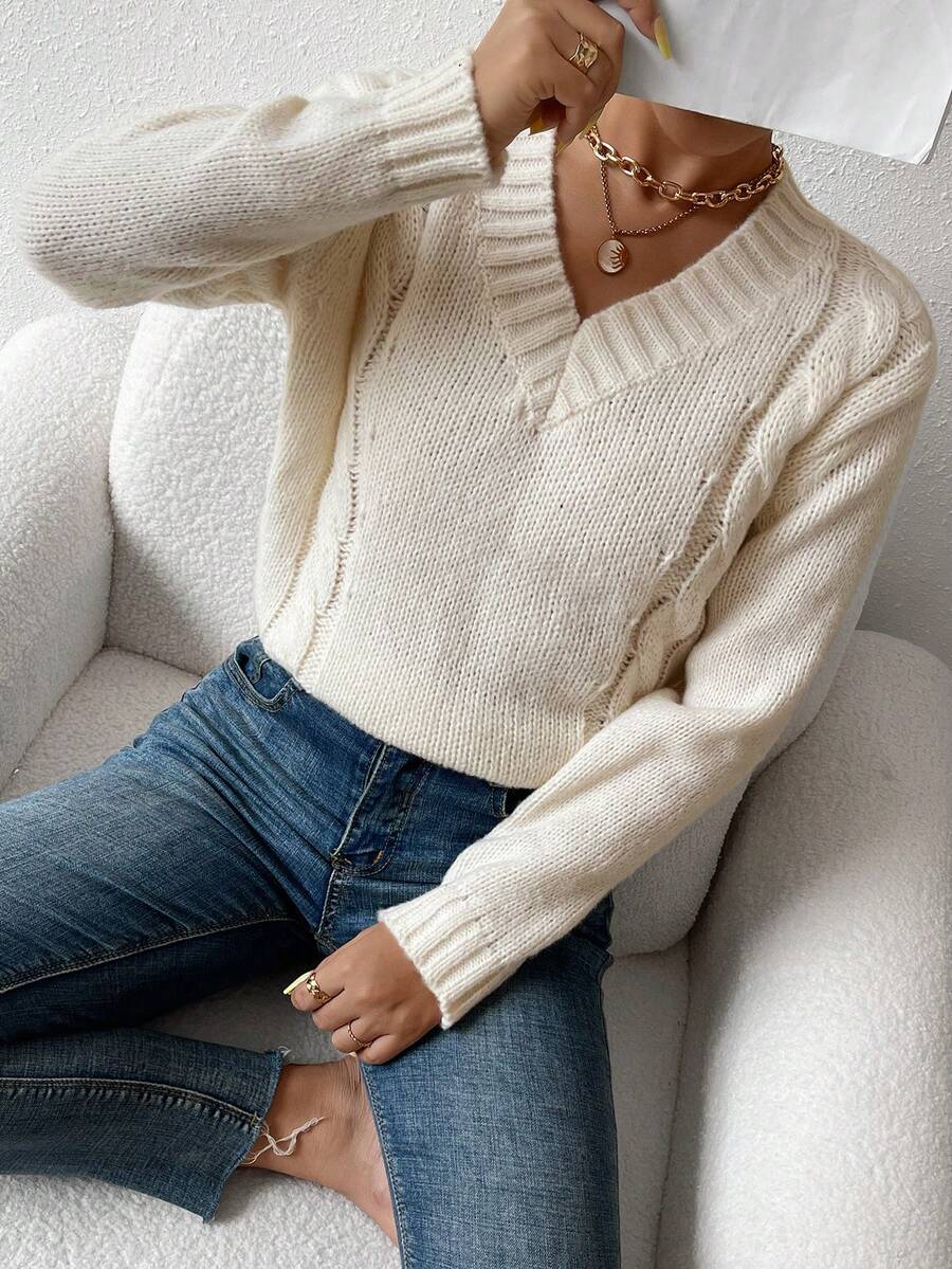 SHEIN Essnce Solid Cable Knit V Neck Sweater - Beige - View 1