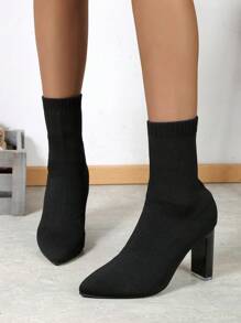 Women's Thick Heel Knit Sock Boots, Pointed Toe Elegant Party&Daily Short Booties, Comfortable Black Boots - Black - View 3