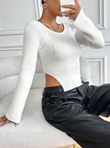 Flirla Ribbed Knit Raglan Sleeve Asymmetrical Hem Crop Sweater