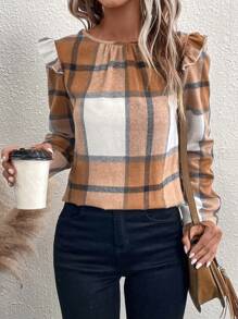 SHEIN Clasi 格紋印花後紐扣荷葉邊襯衫 - 彩色 - 查看 2