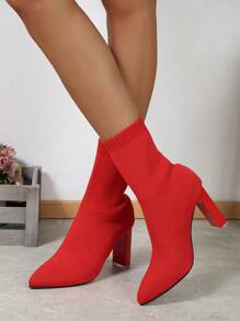 Women's Thick Heel Knit Sock Boots Elegant Pointed-Toe Comfortable Fashion Short Boots, Match With Cardigan, Red , Wear With Sweater, Suitable For Women Fashion Boots With Long Dress