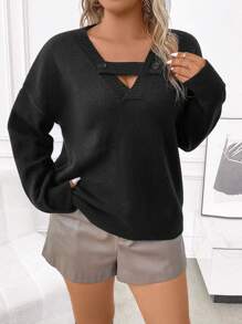 SHEIN LUNE Plus Cut Out Drop Shoulder Sweater Knit Pullover Fall Winter Sweater - Black - View 6