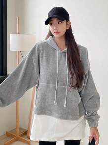 DAZY 女式休闲拼色羊毛连帽运动衫，适合秋冬季 - 灰色 - 查看 4