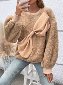 Chiquease Áo nỉ kiểu Teddy tay rớt vai với nơ lớn phía trước, kiểu áo nỉ chui đầu mùa thu. - Màu Khaki - Xem 4