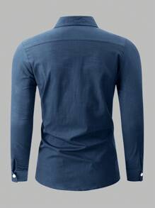 Manfinity Mode Men's Button Down Solid Color Long Sleeve Shirt, Fall - Navy Blue - View 2