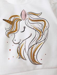 Baby Girl Unicorn Print Ruffle Trim Sweatshirt - White - View 5