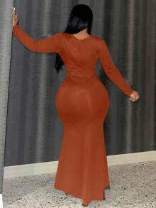 Slaydiva Hơn Cổ vuông Nàng tiên cá Hem Váy bodycon - Màu Cam san hô - Xem 2