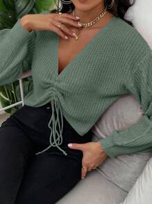 EMERY ROSE 灯笼袖抽绳褶皱前襟针织套头衫秋冬毛衣 - 綠色 - 查看 5