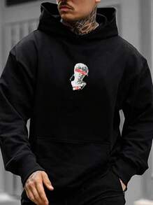 Manfinity 男士寬鬆落肩雕塑圖案連帽運動衫 - 黑色 - 查看 1