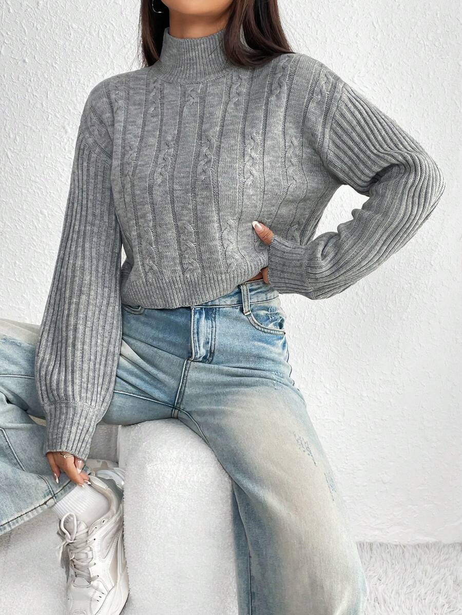 SHEIN Unity Mock Neck Cable Knit Drop Shoulder Sweater - Dark Grey - View 1