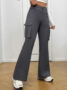 SHEIN EZwear 有蓋口袋側喇叭褲 - 灰色 - 查看 1